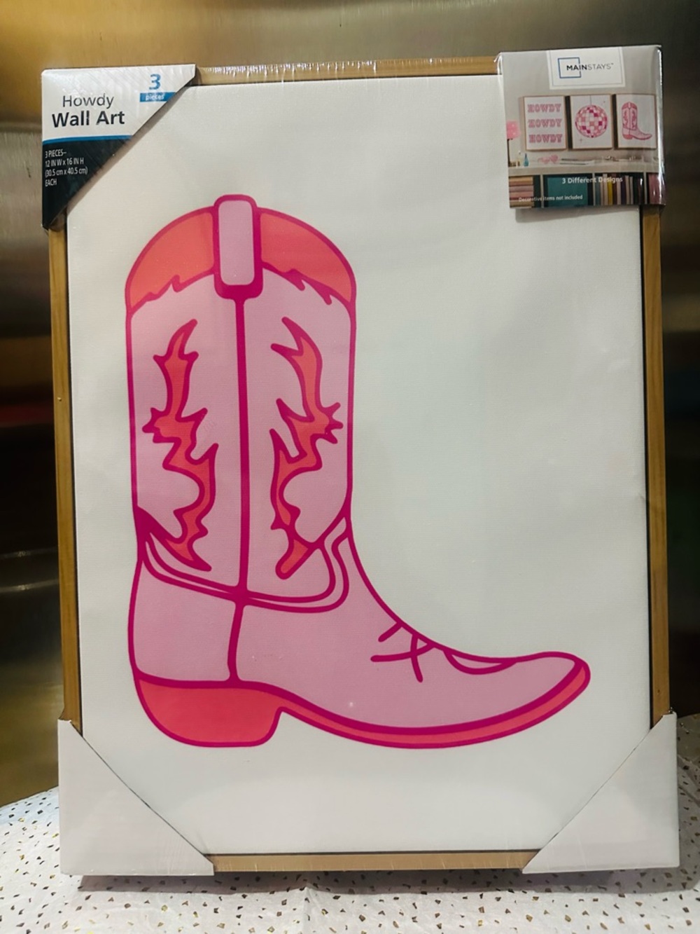 Mainstays✨🩷🤍 Pink Disco Ball and Cowboy Boot Wall Art Set